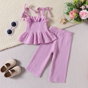 Nuevo Conjunto de Dos Piezas para Niñas, Estilo Casual de Verano, Top con Tirantes y Pantalones Rectos con Estampado, Tela de Lana Transpirable - Product Image 4