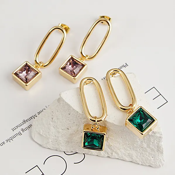 INS Exquisite Geometric 18k Gold Stainless Steel AAA Zircon Long Earrings Jewelry For Women