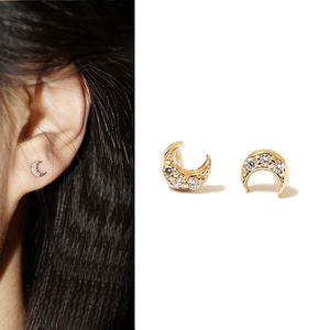 14k Solid Yellow Gold Minimalist Stud <b>Earrings</b> Handmade Tiny Crescent <b>Moon</b> Lab Grown Brilliant Cut Diamond Luxury Export Quality - Product Image 3
