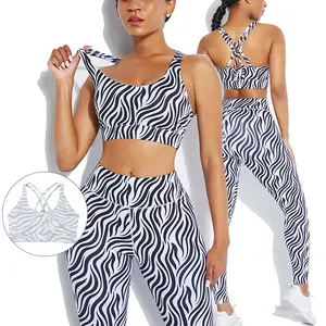 HEXIN Activewear set olahraga untuk wanita pakaian kebugaran kustom Logo Zebra garis dicetak dua bagian pakaian kebugaran Yoga wanita