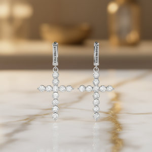 Orecchini a Croce in Oro Bianco E3566 con Diamanti Taglio Brillante Rotondo, Gioielli Religiosi da Donna, Diamanti Naturali Colore D - Product Image 2