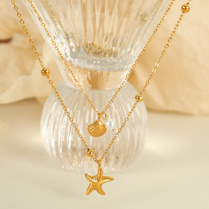 Collar de Doble Capa con Diseño de Estrella de Mar y Concha, Acero Inoxidable, Chapado en Oro de 18K, Cadena para Clavícula, Estilo Vacaciones de Verano, Joyería para Fiesta - Product Image 1