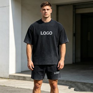 Conjuntos para hombre con logotipo personalizado, conjunto de camiseta negra informal vintage lavada y pantalones cortos rotos, conjunto informal de verano para hombre. - Product Image 4
