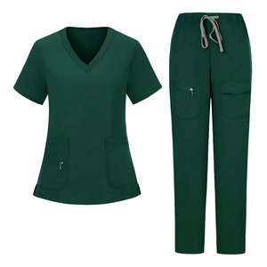 Women <b>Scrub</b> Set Solid Color V Neck Short Sleeve Polyester Cotton Hospital Uniforms with Pockets for Medical Workwear - Product Image 3