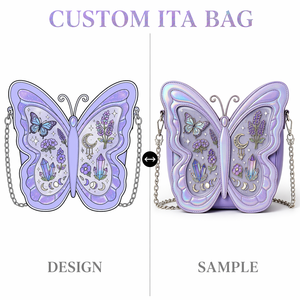 Bolso Ita Personalizado con Forma <span class=keywords><strong>de</strong></span> Mariposa, Acabado Iridiscente, Patrón <span class=keywords><strong>de</strong></span> Ramas <span class=keywords><strong>de</strong></span> Lavanda, Luna Creciente, Estrella, Correa <span class=keywords><strong>de</strong></span> Cadena Plateada, Mochila - Product Image 1