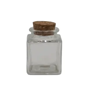 Frasco de cristal con tapa de corcho transparente para comida, flor seca, cuadrado, 50ml, con tapa de madera