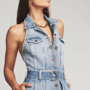 Vestido vaquero de verano al por mayor, elegante y sexy, sin mangas, con espalda descubierta, 100% algodón, con abertura, lavado ácido, estilo modesto - Product Image 2