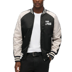 カスタムロゴ メンズ サテン ボンバージャケット ブラック ホワイト カラーブロック バーシティコート リブカラー ストリートウェア アウターウェア OEM工場 - Product Image 1