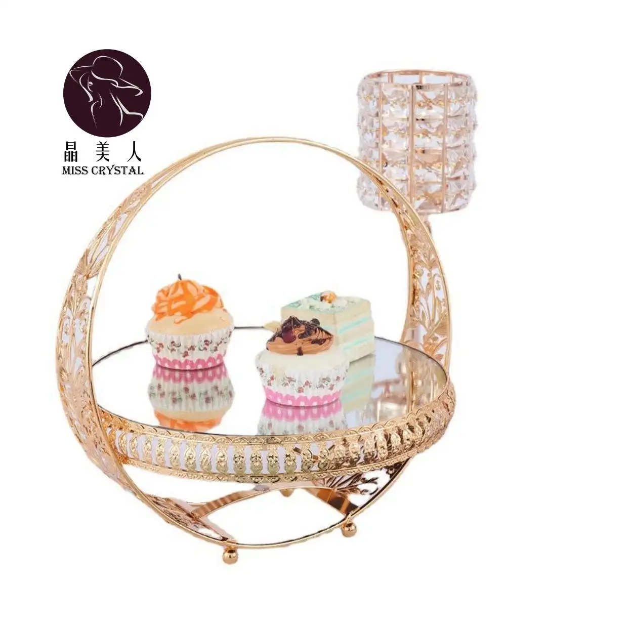 Design di tendenza all'ingrosso Cupcakes di compleanno durevoli Toko Kue supporto per torta in metallo con vetro dorato a specchio portatile