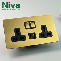 Enchufe universal Niva Brass Single 13A con interruptor y puerto USB A+C de carga rápida para hoteles de lujo y hogares.