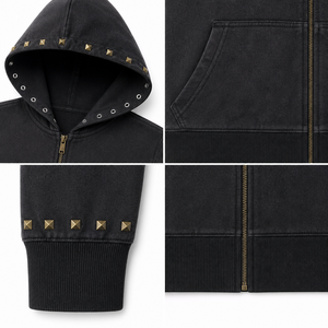 New Washed Hooded Jacket 80% Cotton 20% Polyester, Zip up Applique <strong>Heart</strong> Embroidery Rivet Long Sleeve Hoodie S-M-L - Product Image 4