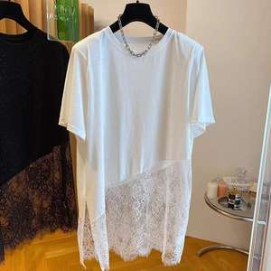 Camiseta de Mujer con Dobladillo de Encaje en Contraste, Vestido Casual con Dobladillo Asimétrico y Detalle de Brillo, a la Moda - Product Image 4