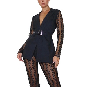 Formale Giacca Sportiva delle Donne di Autunno di Colore Solido Del Merletto Del Ricamo Manica Lunga <span class=keywords><strong>Cintura</strong></span> Giacca - Product Image 4