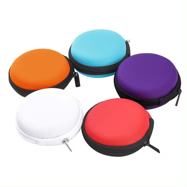 Custom EVA Mini Round Case Hard Shell Travel USB Cable Case Earbud Earphone Storage Box Coin Purse Pocket with Handle Carabiner