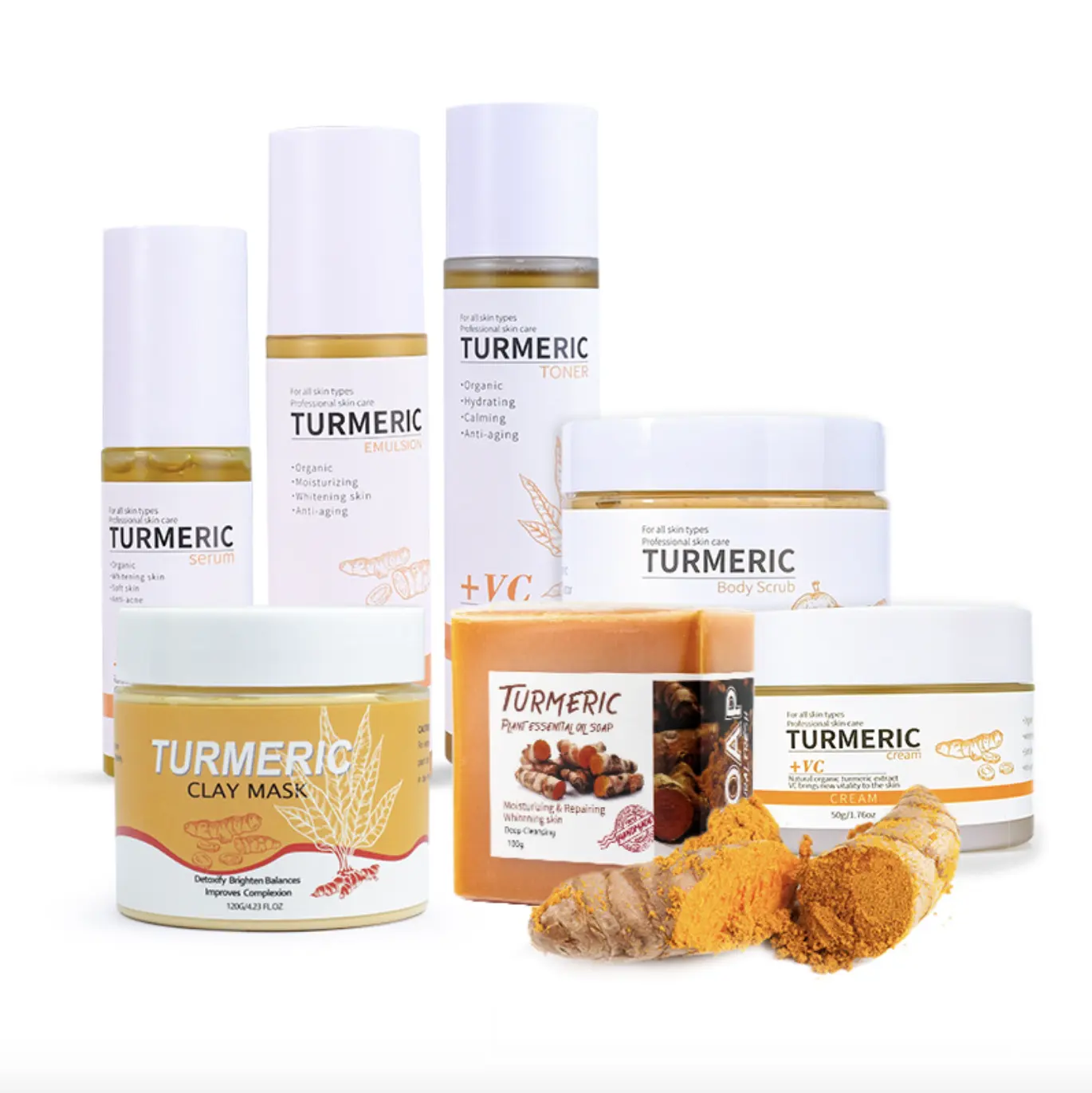 Wholesale Acne Whitening Turmeric Skin Care Set Men Blackhead Rapid Whitening Face Wash Scrub Mask Cream Turmeric Serum Lotion