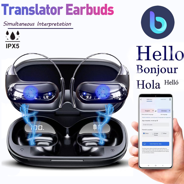 AI Wireless Translation Earphones with Intelligent Real-time Simultaneous Interpretation and Ear Hanging Translator Headphone