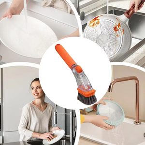 Reusable Kitchen Bowl Scrubber Long <b>Handle</b> Liquid Cleaning Brush Dispenser Tool PP Pot Brush Artifact Refillable <b>Sponge</b> for - Product Image 6