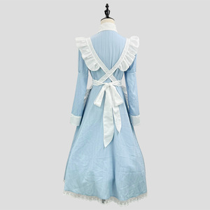 Maid Dress Blue A-Line Turn-Down Collar With Pocket Vintage Style Polyester Fabric - Product Image 3