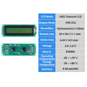 Pantalla LCD de 16x2 caracteres LCD1602 Módulo 16*2 Pantalla verde amarilla STN Modo negativo Interfaz paralela de 8 bits - Product Image 1