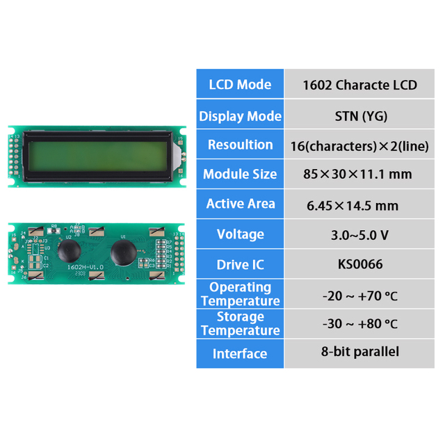 16x2 Character LCD Display Screen LCD1602 16*2 Module Yellow Green Screen STN Negative Mode 8 Bit Parallel Interface