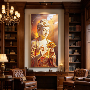 Luxury HD Print Crystal Porcelain <b>Painting</b> Buddha Lotus Wall Art Serene Wholesale Custom Glitter Details LED Buddhist Home Decor - Product Image 6