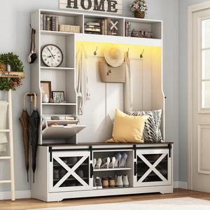 SENYU Hall Tree Entryway Bench, 75''H 59''W LED <b>Coat</b> <b>Rack</b>, 16 <b>Shoe</b> Cubbies, Umbrella Holder, Sock Drawer, White - Product Image 3