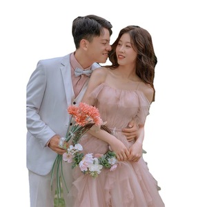 Elegant Pink Strapless A-Line Wedding Dress Natural Waist Folds Simple Style Outdoor Photography Gown - Product Image 2