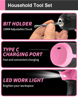 Boîte à outils rose de 153 pièces avec tournevis sans fil 8V, jeu de forets sans fil USB, ensemble d'outils complet dans une boîte à outils portable pour femmes