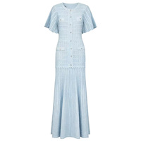 Robe midi en tricot à manches courtes pour femmes, élégante, ornée de diamants, col rond, taille cintrée, longue robe avec boutons