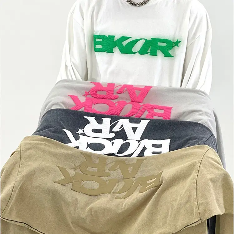 AOXI OEM Clothing oversized streetwear mock neck tshirts long sleeve custom logo puff print longline stone washed t shirt