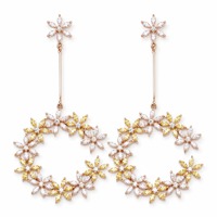 Anting-anting batu permata CZ, gaya Eropa Amerika Perak model cincin telinga berongga ukiran bunga kuning merah muda