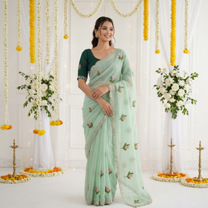 Sari de Rayón Bordado Verde Menta de AARA Fashion, Diseño Floral, Protección Solar, Largo hasta el Suelo, para Mujer, Ropa Tradicional para Bodas - Product Image 1