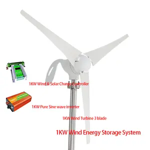 1000W 3 hojas de viento Vertical turbinas/imán permanente generador con 1KW viento controlador de carga y inversor de onda sinusoidal pura