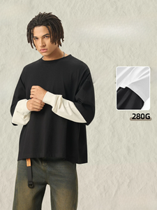 T-shirt Homme Personnalisé OEM 280G Feke à Manches Longues Effet Deux Pièces Color Block Coupe Boxy Courte Oversize Streetwear Décontracté avec <span class=keywords><strong>Logo</strong></span> - Product Image 3