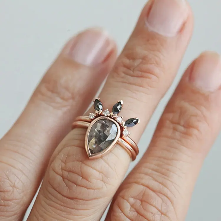 Delicate Vintage Wholesale Ladies Jewelry Solid 925 Sterling Silver Natural Gems Stackable Ring Pear Shaped Moss Agate Rings Set