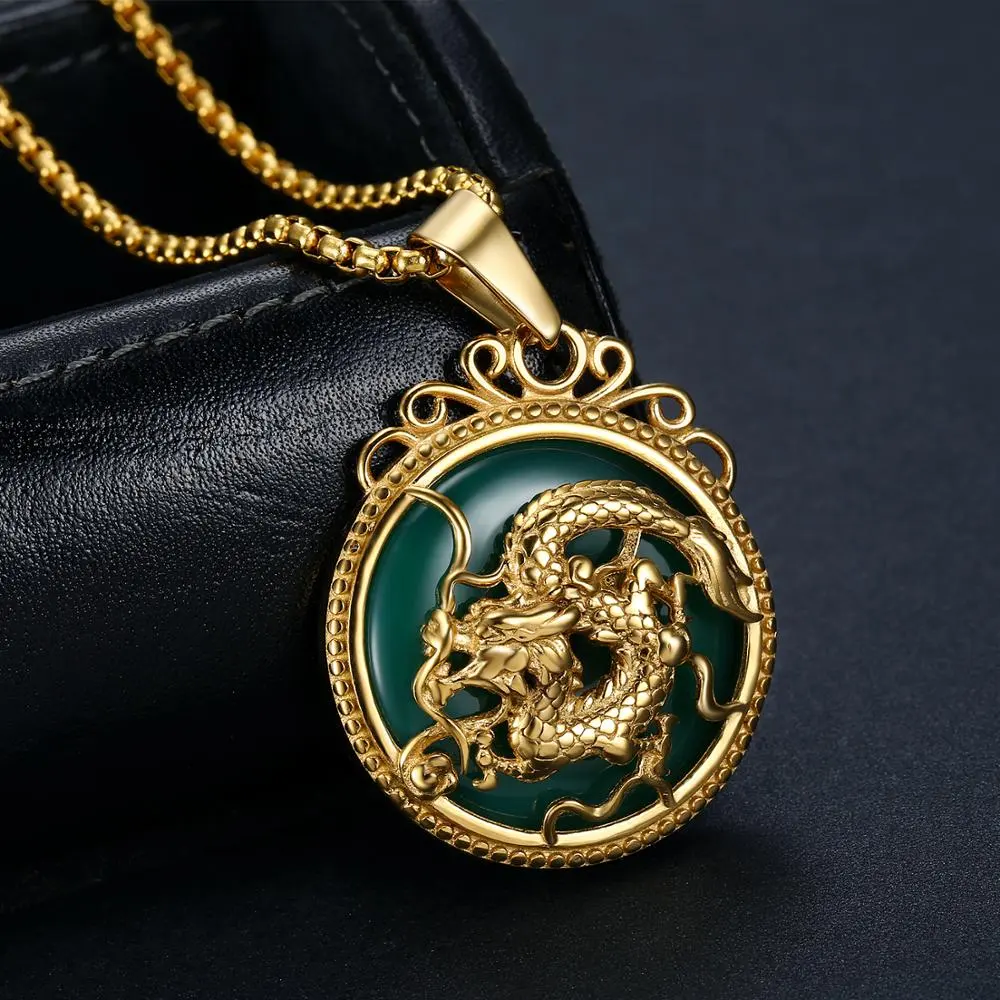 2023 Stainless Steel Green Jade Dragon Pendant Necklace Jade Stone necklace Dragon Lucky Charm 18K Gold Hot Factory Wholesale