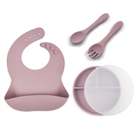 Bavoir en silicone de qualité alimentaire pour bébé Assiette alimentaire personnalisée avec couvercle Ensemble cuillère fourchette en silicone écologique