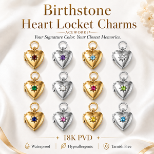 Birthstone Heart <b>Locket</b> Charm | 18K PVD Gold Plated Stainless Steel CZ Starburst Pendant -Waterproof Hypoallergenic Tarnish Free - Product Image 1