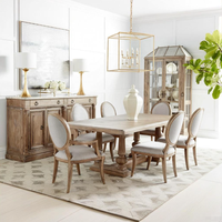 Ensemble de table à manger rectangulaire en chêne clair de style campagnard français, 6 chaises à dossier ovale avec revêtement en tissu
