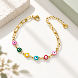Colorful Eye <b>Charm</b> <b>Bracelet</b> Stainless Steel 18K Gold Vacuum Plating And Enamel Adjustable Chain Jewelry - Product Image 1