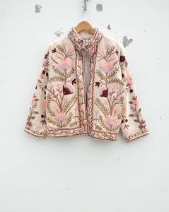 Floral Embroidered Mandarin Collar Jacket <b>Women</b> Full Sleeve Prairie Chic <b>Spring</b> Outerwear Handmade Woven Cotton <b>Coat</b> - Product Image 1