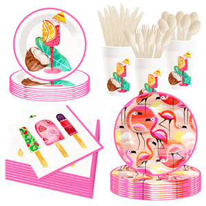 Juego de vajilla desechable con temática de flamencos DAMAI, platos de papel color morado claro para fiestas de verano en la playa, para 8 personas. - Product Image 2