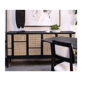 Buffet antique en bois noir avec décoration de porte en rotin pour salon - Product Image 2