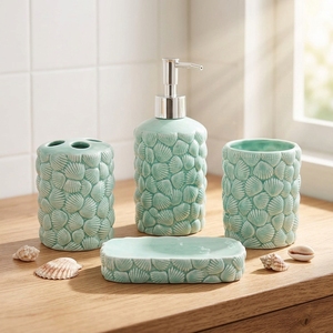 Juego de <span class=keywords><strong>Baño</strong></span> de Cerámica Moderna Azul Claro con Relieve, Ecológico, de Cuatro Piezas, con Forma de Concha, para Hotel - Product Image 1