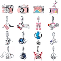 Creative Rose Caméra Zircon Bracelet Perle Pendentif pour Voyage 925 En Argent Sterling Valise Collier Charme DIY Bijoux Accessoires