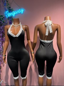 <span class=keywords><strong>Tuta</strong></span> Estiva con Halter e Inserti in <span class=keywords><strong>Pizzo</strong></span> a Contrasto, Vita Alta, Stile Retrò Minimalista, Casual e <span class=keywords><strong>Sexy</strong></span>, con Pantaloni Capri - Product Image 2