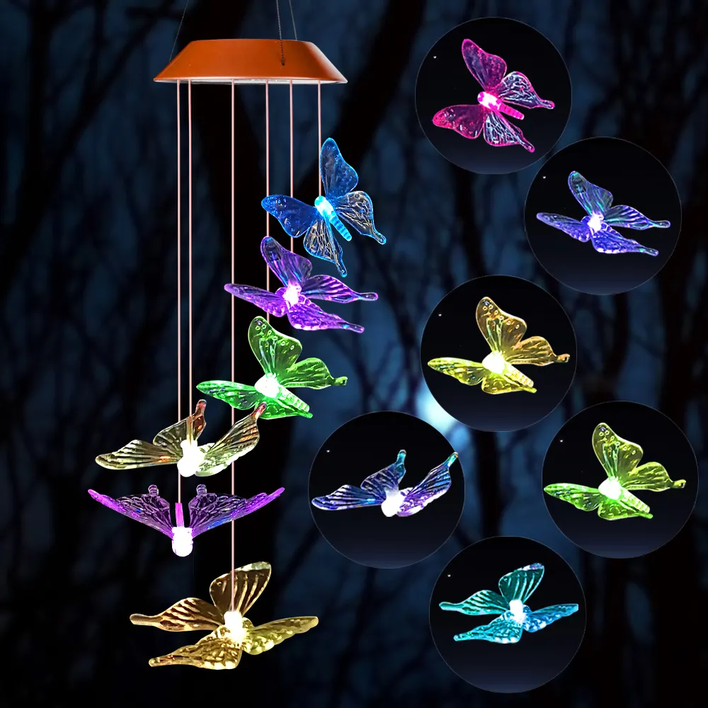 Carillons éoliens papillon Lampes solaires à LED à changement de couleur pour l'extérieur Décoration de jardin Cadeaux de vacances Carillons éoliens Lumières d'éclairage