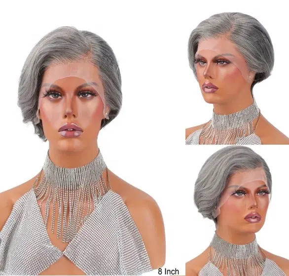 New Product Human Hair Salt And Pepper More Gray Pixe Cut Short Bob Lace Front Wigs for older women