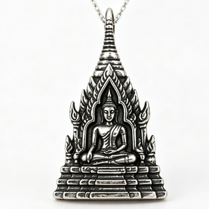 Colgante de Buda de Aleación de Zinc Plateado con Diseño de Templo para Oración, Temática Budista, Artesanía Fundida - Product Image 6