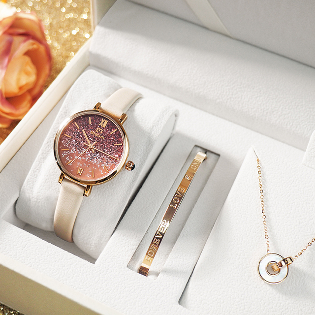 New Arrival 3-Piece Antique Leather Strap Alloy Case Glass Dial Quartz Watch Set with Bracelet & Necklace for Women